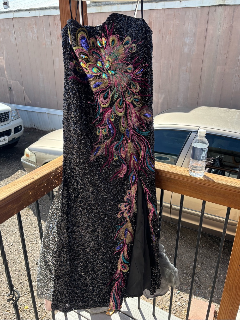 Black Sequin Prom Dress with Multicolor Peacock Embroidery